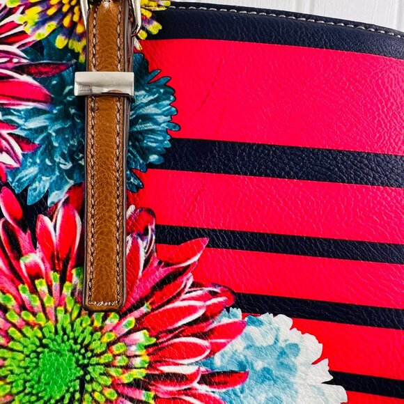 Nine West Floral Stripe Tote Bag With Brown Handles & Interior Pockets - Picture 3 of 8